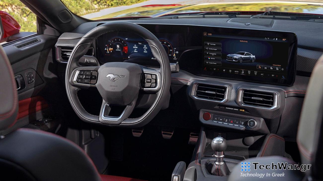 Interior of a 2024 Ford Mustang featuring a combination of buttons and screens.