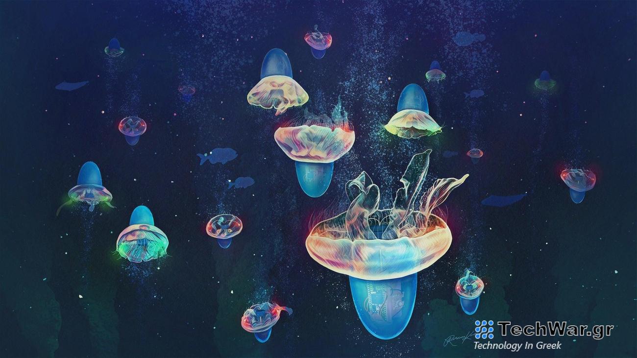 Concept art of cyborg jellyfish with forebody attachments