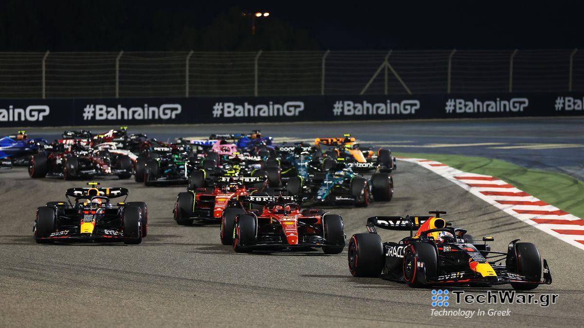 ax Verstappen of the Netherlands driving the Red Bull Racing F1 car leads Charles Leclerc and the rest of the field at the start during the F1 Bahrain Grand Prix at Bahrain International Circuit