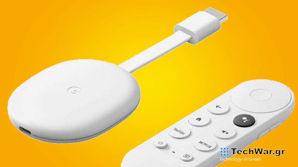 The Chromecast with Google TV and its remote on an orange background