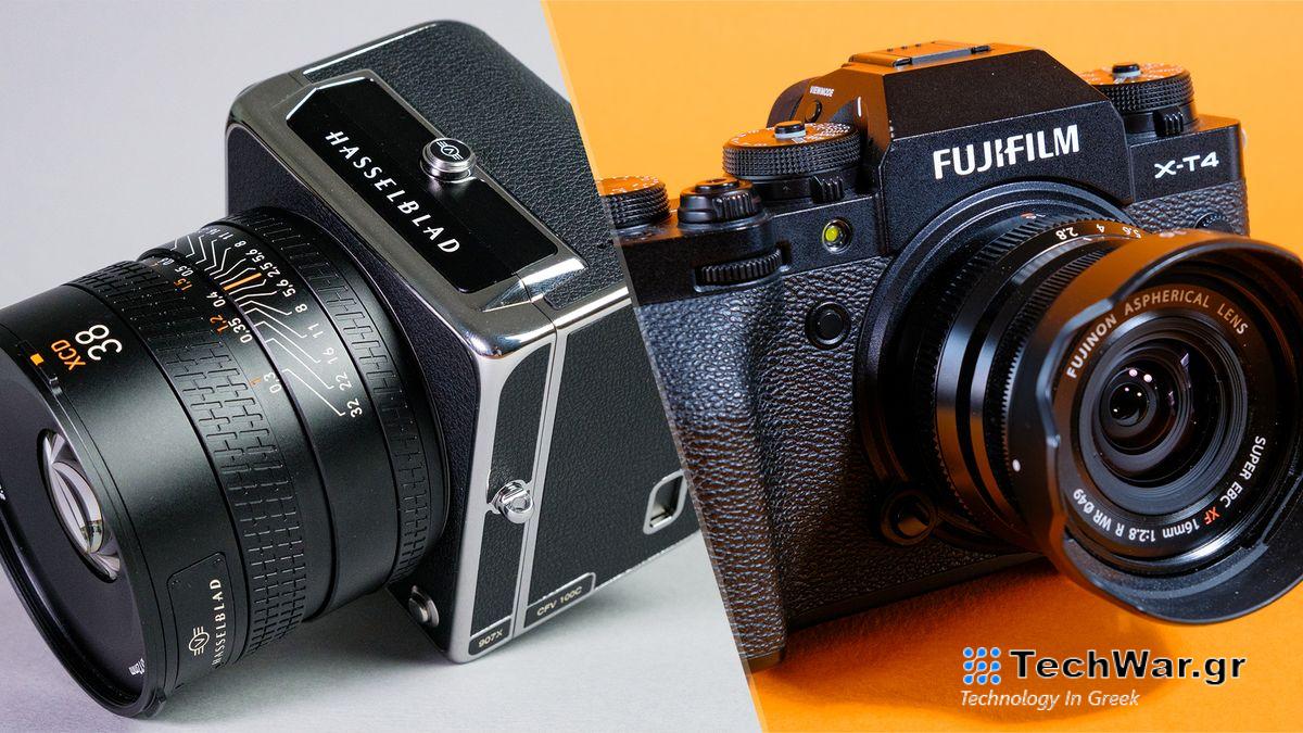 A split photograph with the Hasselblad 907X + CFV 100C on the left against a gray background, and a black Fujifilm X-T4 on the right against an orange background.