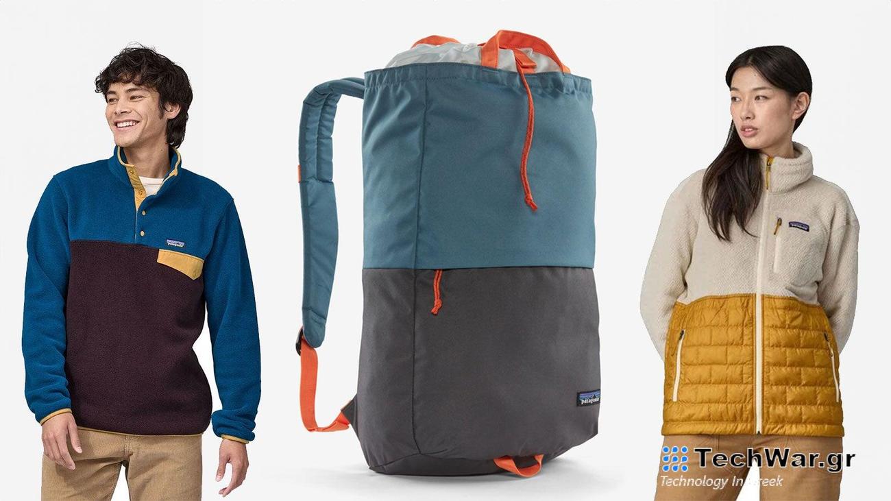 Two people wearing Patagonia jackets and a large Patagonia bag